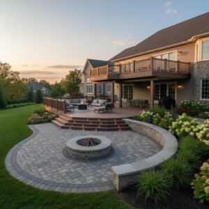 Custom stone patio and outdoor living space installed by Eldi Pro Hardscaping in Saratoga Springs, NY.