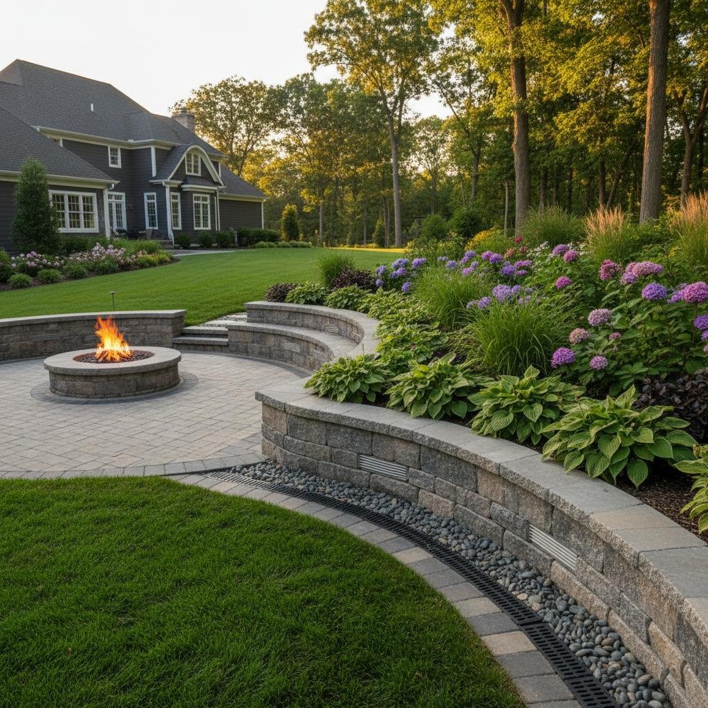 sloped yard drainage retaining wall construction Slingerlands NY