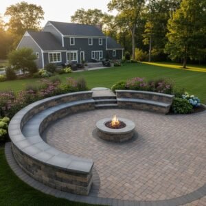 Latham NY tiered interlocking block seating wall installation