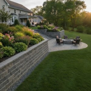 sloped backyard landscape retaining wall construction Troy