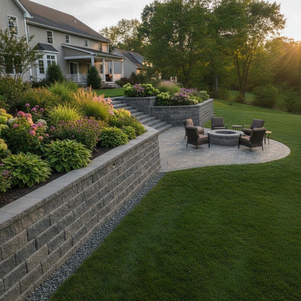 sloped backyard landscape retaining wall construction Troy